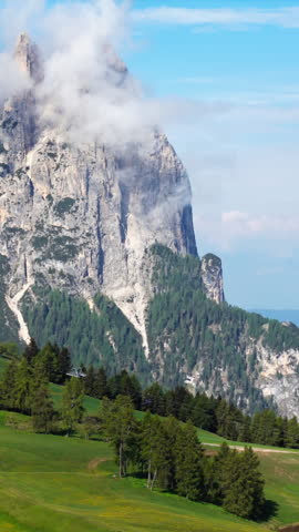 Catinaccio group skyline above Alpe di Siusi grasslands, aerial view. Summer alpine environment in the Dolomites, Italy