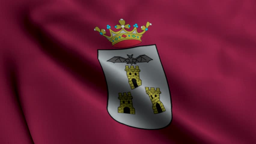 Waving Flag Of Albacete City In Spain With Red And White Design And The Official Coat Of Arms Fluttering Softly In The Wind 4K Footage For Cultural Travel Historical And Documentary Projects