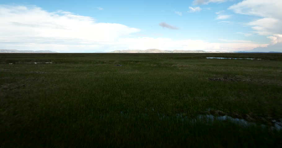 Wide aerial dolly of Lake Titicaca wetlands near Uros islands with expansive open water, flashes of blue reflections in tall grass