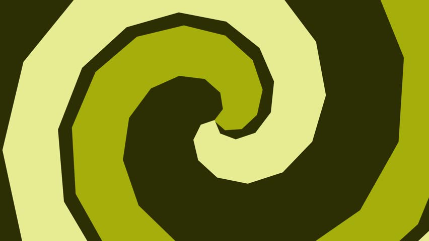 A hypnotic rotating geometric spiral with angular edges unfolds in a continuous motion graphic featuring shades of olive green and pale yellow, creating an energetic background.