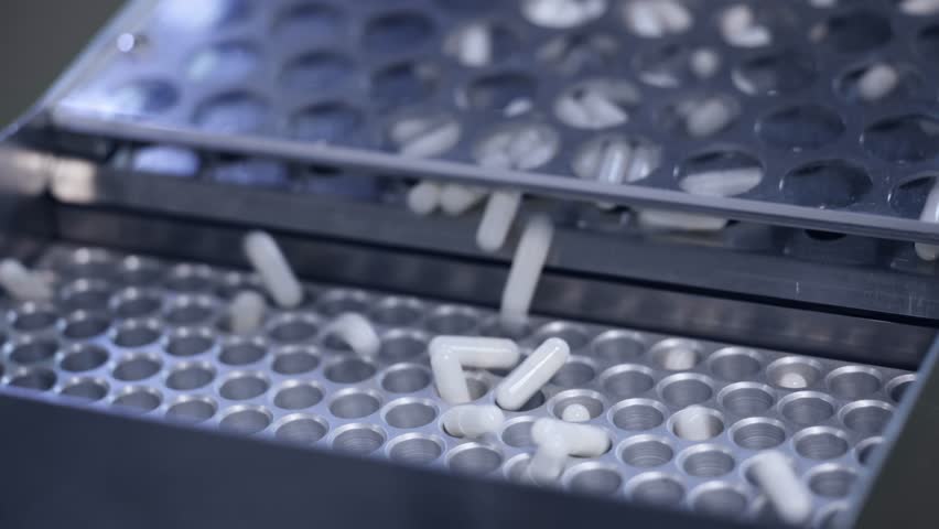 Pharmaceutical antibiotic production line white capsules moving on conveyor.