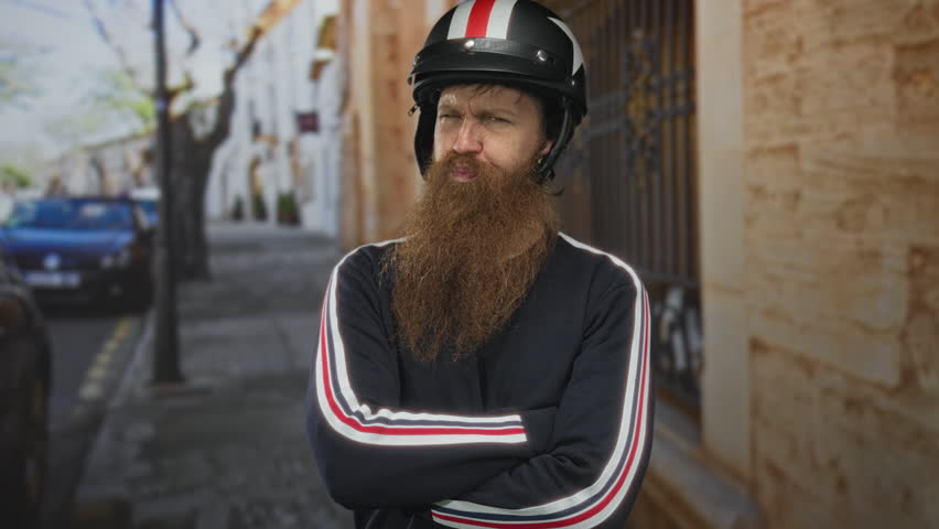 Man with black motorcycle helmet and arms crossed on street beside a stone building; denial rejection.
