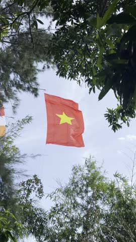 The national flag of Vietnam waves outdoors against a clear sky and lush green trees. The bright red fabric with a yellow star creates a striking and patriotic scene full of color and energy.