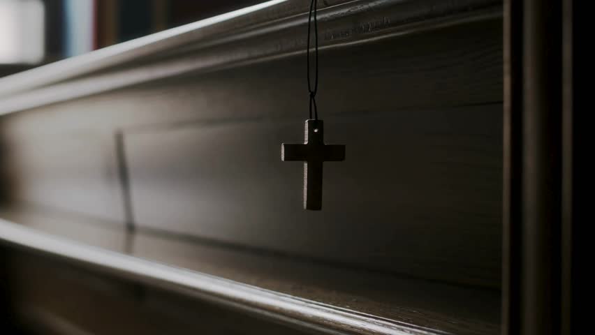 Wooden cross pendant sways gently in dim light. Detail of a cross hanging on wooden pew within a Church interior symbolizing religious belief.