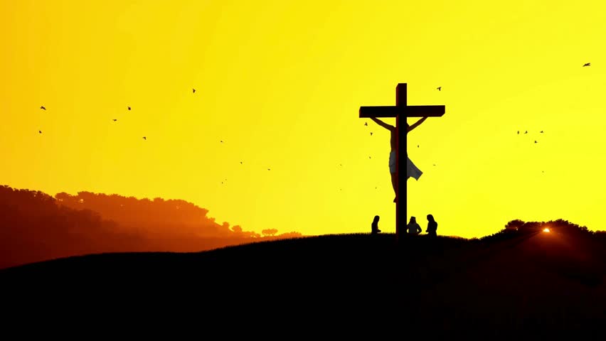 At sunset, the silhouette of Cross stands on a hill. People are at the foot of Cross. Birds fly in the sky. Symbol of hope and redemption against an orange sky.