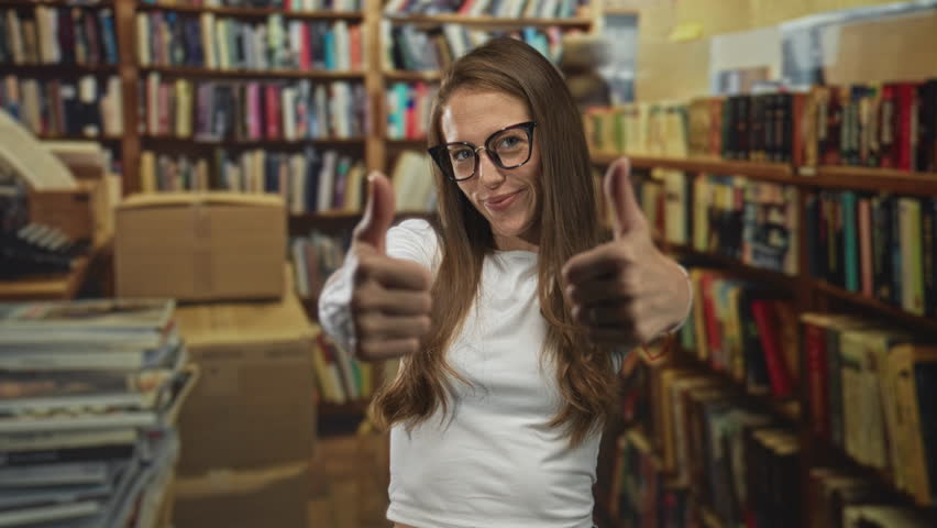 Woman giving thumbs up with visible thumb and smiling in a building library aisle; study motivation joy.