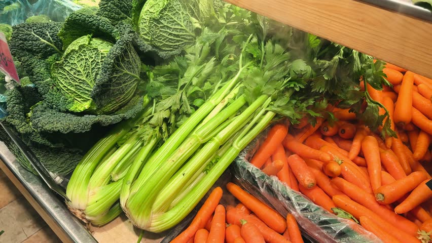 On the counter of the farm shop are fresh vegetables: Savoy cabbage, celery and carrots.