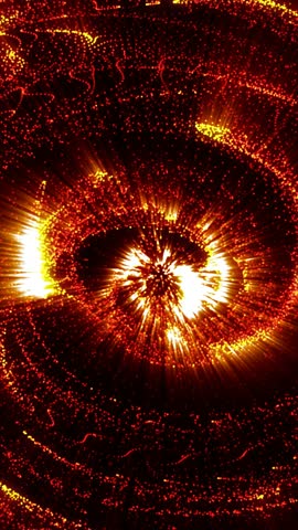 Fiery orange and yellow particle vortex swirling in darkness, glowing dots and sparks forming dynamic spiral energy background
