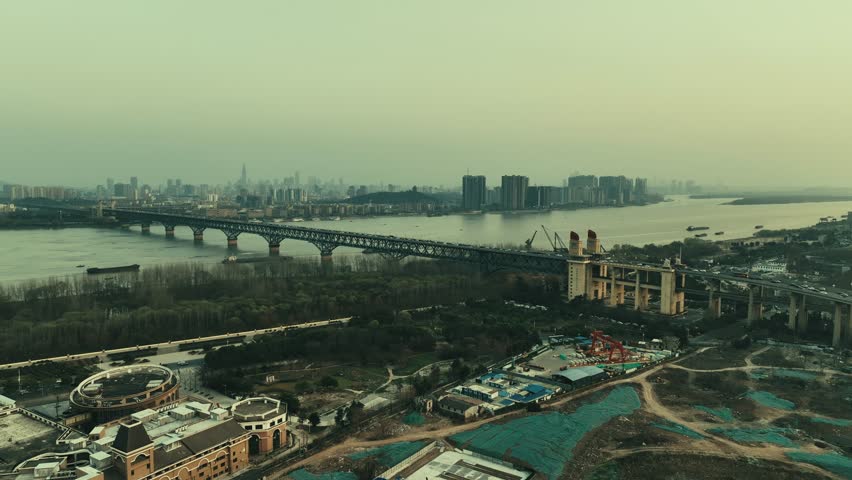 Aerial view of famous Yangtze River Bridge of Nanjing city in Jiangsu, China