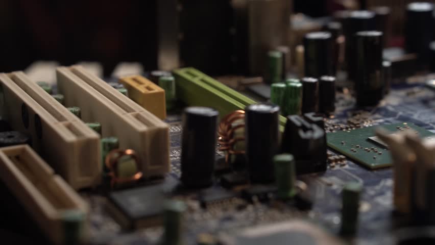 Motherboard of Desktop Computer, Close Up of Sockets and Electronic Elements