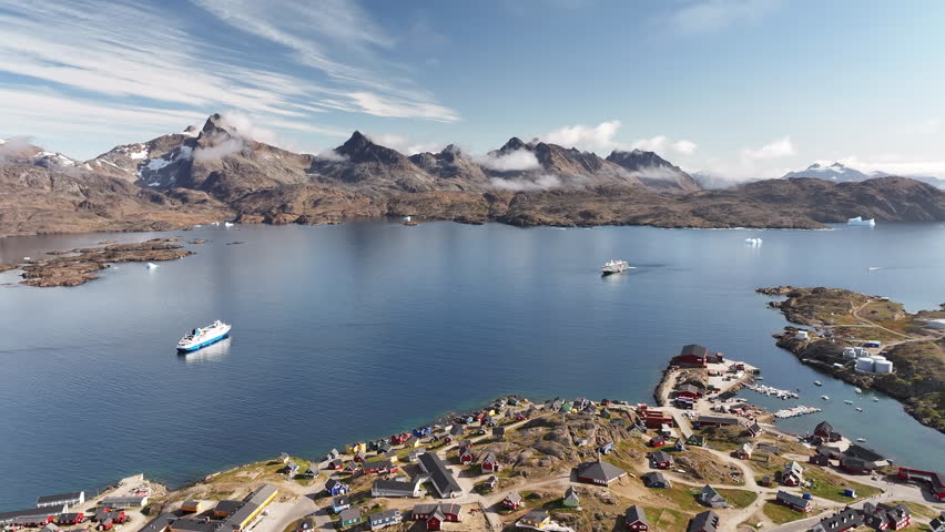 Misty Mountains Over Tasiilaq Village and Fjord in the Arctic, Greenland