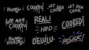 Set of Y2K Lofi hand-drawn liquid chrome text animation stickers, looped phrases Happy, Cooked, We Are Cooked, Let Him Her Cook, Real, HBD, Delulu, Sosick fluid typography on transparent bg, alpha - Powered by Shutterstock - Get 15% off with code: PIKWIZARD15