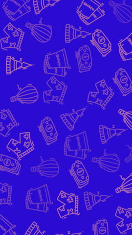Seamless purple travel doodle pattern featuring hand drawn landmarks hot air balloons crowns and vintage cameras ideal for backgrounds textiles packaging and children s prints.