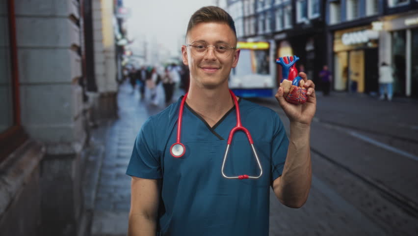 Man cardiologist in blue scrubs with red stethoscope, young blond wearing glasses holds an anatomical heart model and shades eyes with hand on a busy street tramline; compassion.