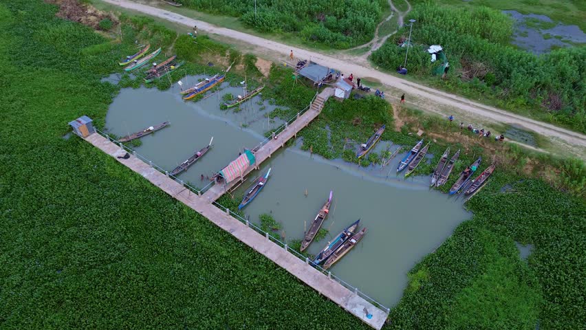Aerial View of Boats Docked on Lakeside Pier
