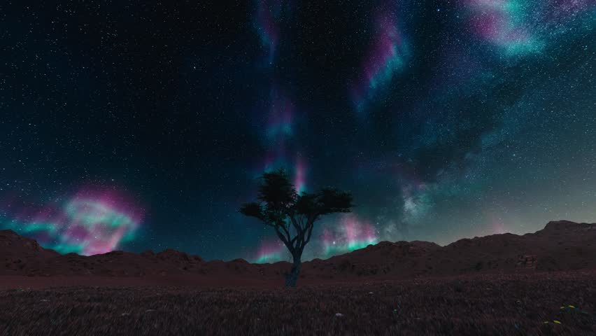 Lone Tree in Desert Beneath Aurora Borealis
