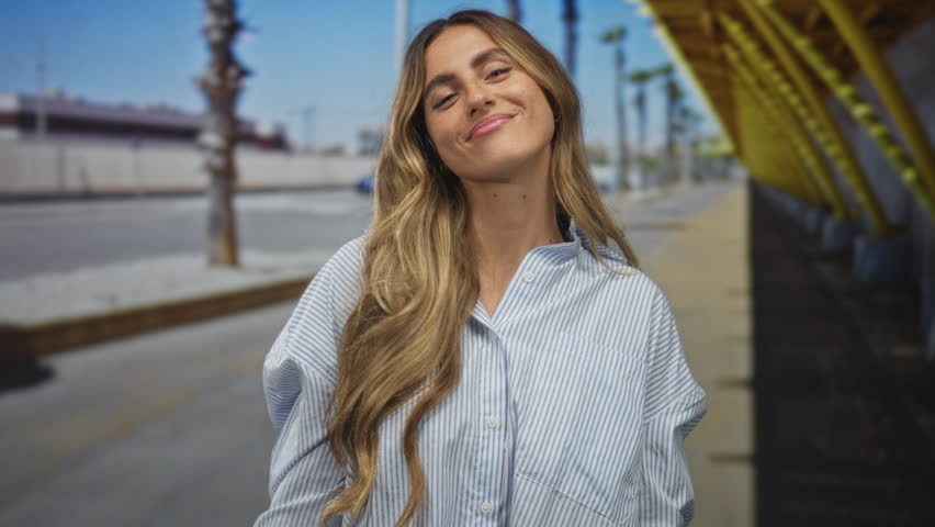 Young blonde woman face smiling eyes closed on sunlit urban street platform; contentment joy happiness.