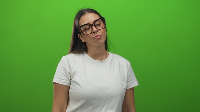 Young brunette woman wearing oversized glasses and a white t shirt tilts head and touches temple in studio with green backdrop; quiet contemplation.