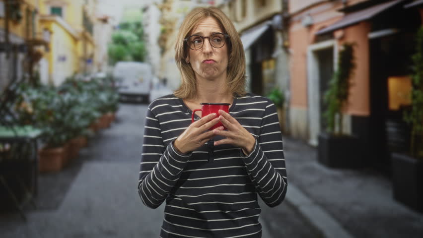 Woman holding a red mug, wearing glasses and a striped sweater, touching chin while standing on a street lined with planters; thoughtful curiosity.