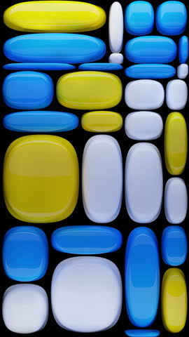 3D render glossy abstract geometric shapes vertical format. Blue yellow white rounded rectangles pattern. Modern minimalist design vibrant composition black background. Creative backdrop.