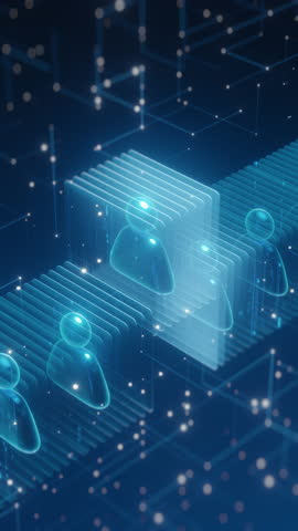 3D render vertical futuristic digital identity row glowing blue human icons stack. Data management social network user profiles blockchain technology. Abstract big data human resources concept.