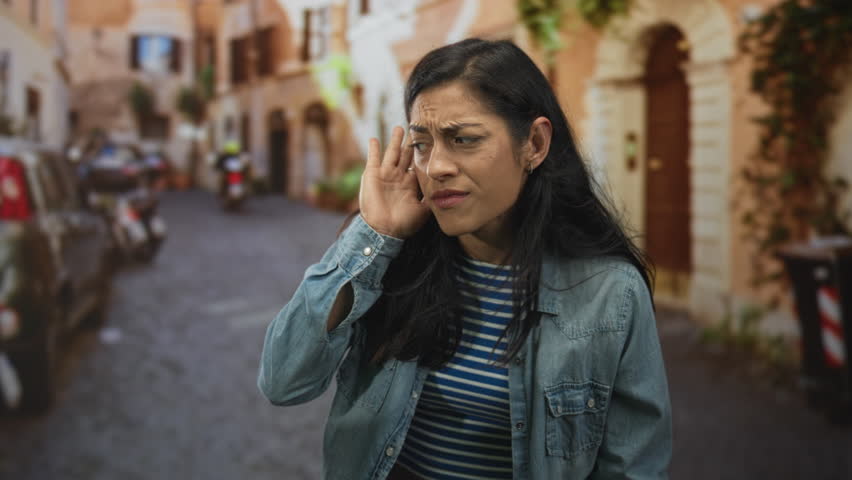 Woman cupping her ear with hand on a narrow cobblestone street, squinting and wincing at a loud sound; discomfort.