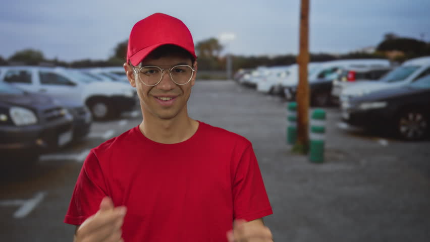 Young man wearing glasses and red cap makes finger heart gesture beside parked car on street; affection.
