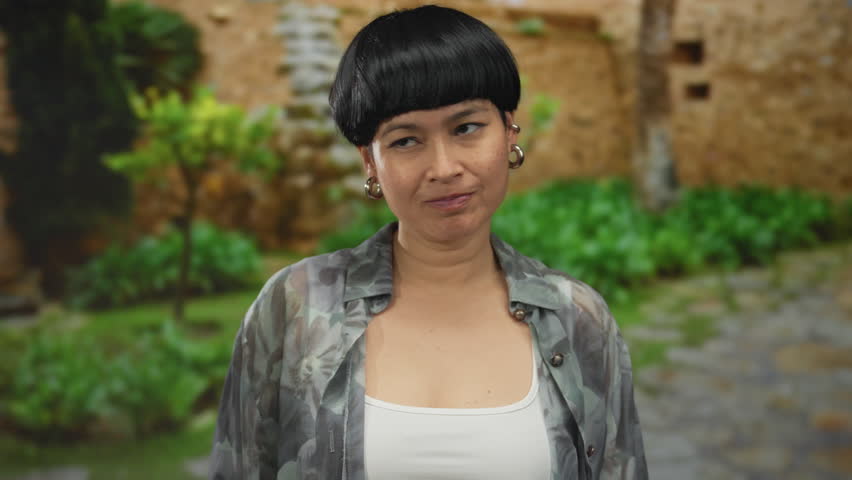 Woman outdoors in a green park, smiling playfully while boxing, showcasing playful and energetic emotion in a serene outdoor setting.