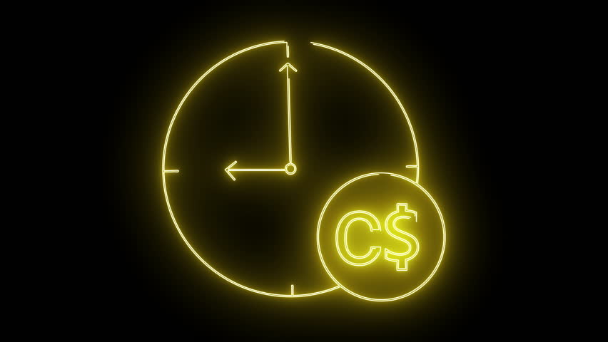 A glowing yellow neon illustration of a clock overlapping a coin with a C and symbol on a black background