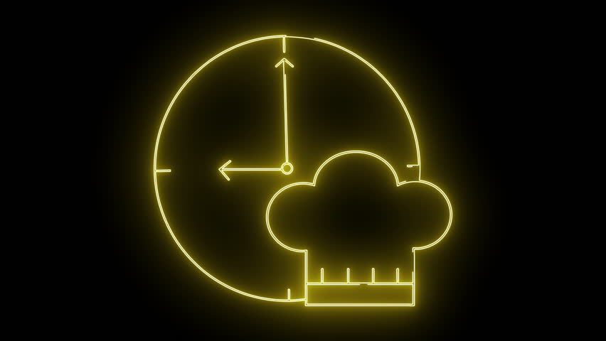 Neon yellow outlines of a clock with a chefs hat on a black background