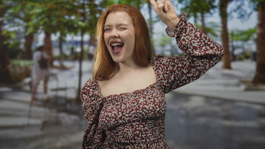 Redhead woman singing with open mouth, making double rock horns with both hands, wearing floral dress with bare shoulders on a tree lined street; joyful celebration.