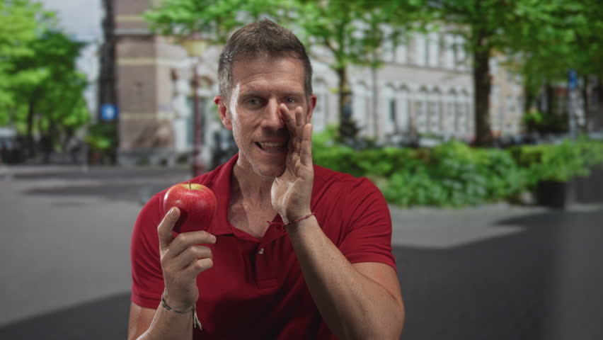 Man holding red apple and cupping hand to mouth on street in front of building, wearing red polo and bracelets; playful invitation health.