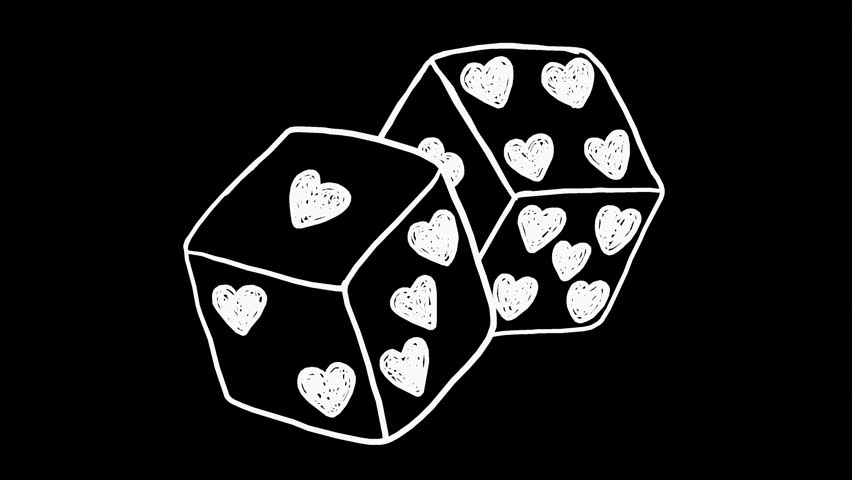 This is a wiggly hand-drawn white game dice with heart shapes on alpha transparent background, for easy drag and drop use.