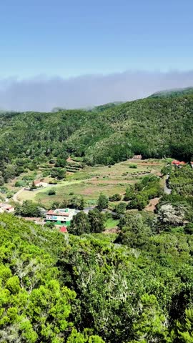 Green hills and patchwork farmland below Mirador de Jardina in Anaga Mountains, Tenerife, Canary Islands, Spain