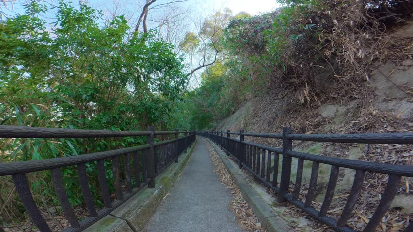 Walking Along a Mountain Trail with Fences on Both Sides