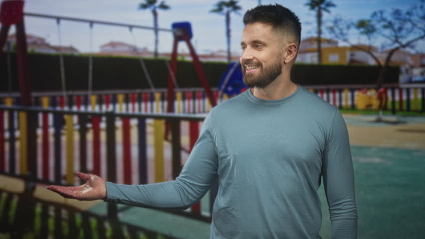 Bearded man with extended open hand at a playground near swings and a colorful fence; friendly invitation.