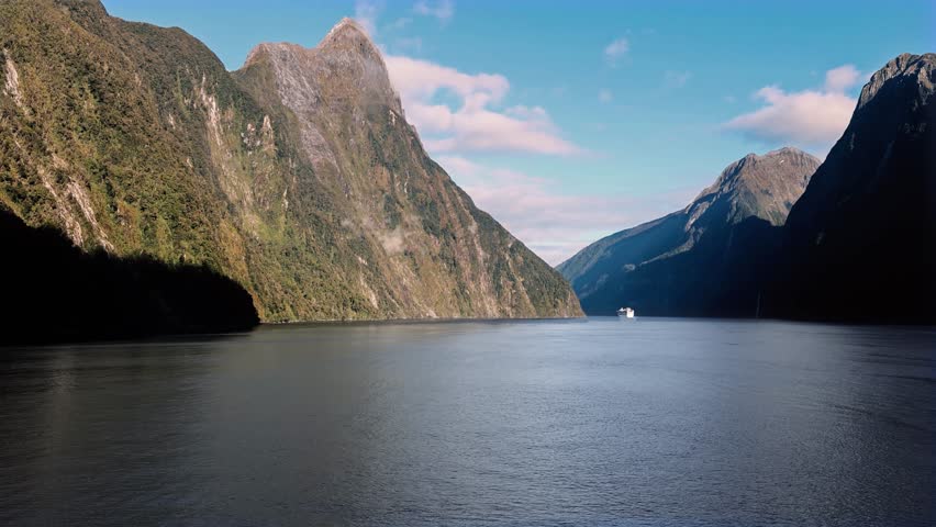 Panoramic view of scenic landscape of Milford Sound fjords in New Zealand