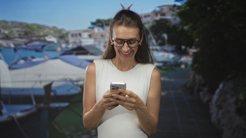 Woman in white dress and glasses smiling while holding smartphone on street by marina boats and dock; joy connection.