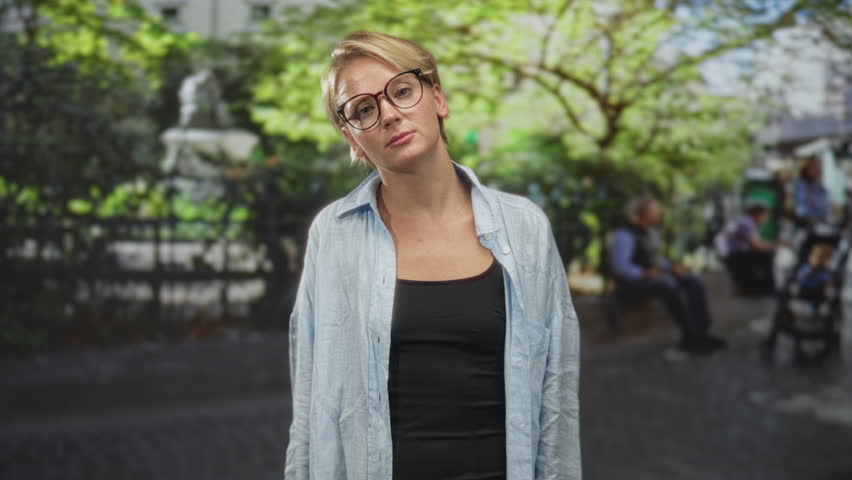 Blond woman wearing glasses gestures with open palms and slightly tilted head while standing on a street near a fountain; pensive reflection.