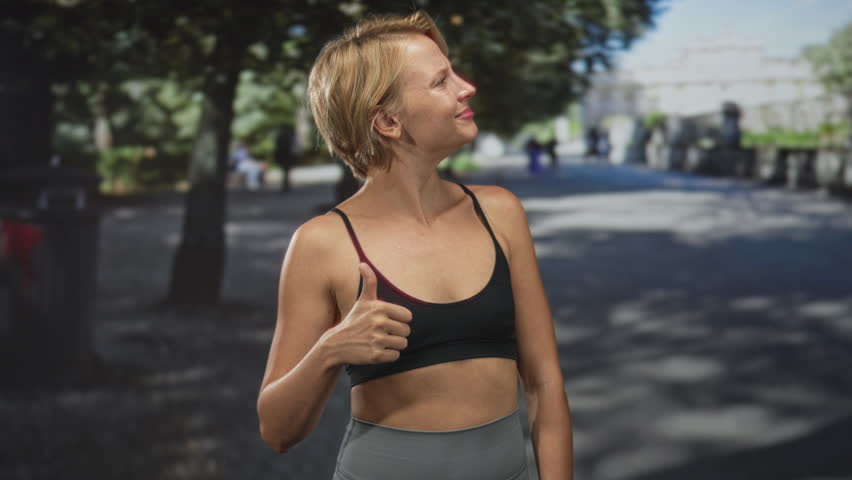 Woman hand on chest then points finger to the right in sports bra and leggings on street near trees and building, smiling across frames; gratitude.