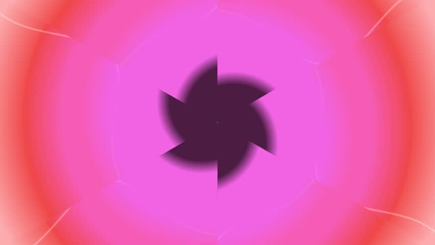 Abstract animation displays a rotating aperture shape and flowing lines against a vibrant pink and red gradient.