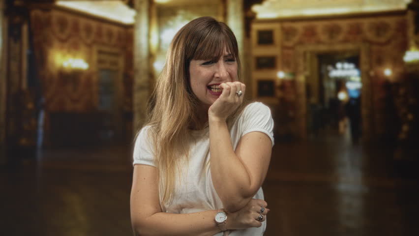 Woman biting her fingernails with hand pressed to mouth, clutching arm showing watch and rings in ornate museum hall; anxiety.
