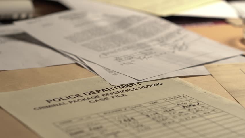 Police Criminal Investigation Files on Desk, Top Secret Stamp, Ashtray and Cigarette, Close Up