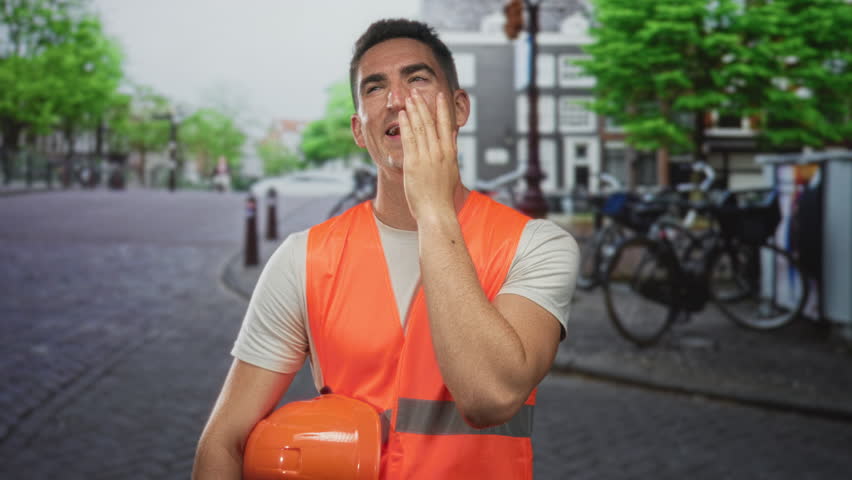 Man engineer in orange safety vest holding hardhat and covering face with hand on a city street with bicycles and buildings; embarrassment.