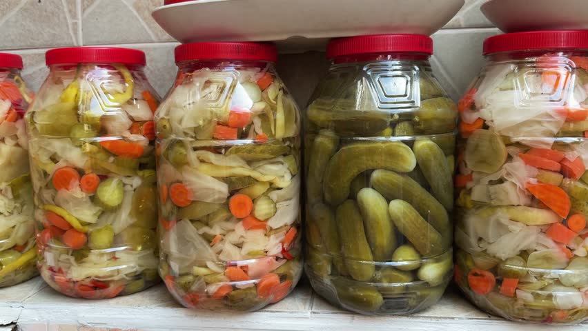 Assorted homemade pickled vegetables in glass jars with fresh tomatoes arranged above representing traditional Turkish food culture