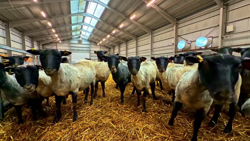 Sheep in a barn, group of livestock, calm farm setting indoors