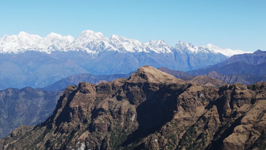 Aerial view from Kalinchowk in Nepal shows Himalayan peaks including Annapurna Manaslu Ganesh Himal Langtang Dorjee Lakpa Gauri Shanker and other mountains
