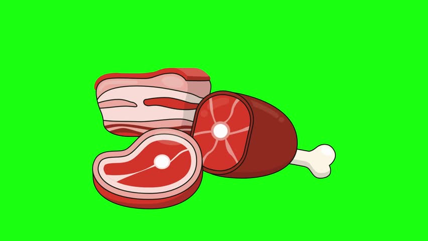 A vibrant illustration showcasing a selection of meats—bacon, steak, ham, pork chops, and chicken drumsticks—arranged on a striking green backdrop. The detailed textures and bold colors make it perfect for culinary, food‑marketing, and educational projects 4K video.