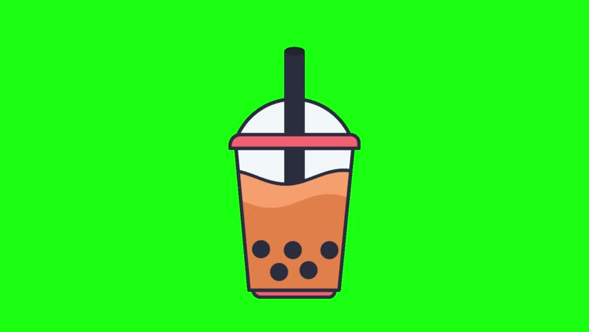 A bright illustration shows a clear plastic cup filled with bubble tea, topped with a pink lid and straw, and layered with dark boba pearls at the bottom. The vivid green backdrop highlights the refreshing, sweet drink, perfect for food and beverage graphics 4K video.  