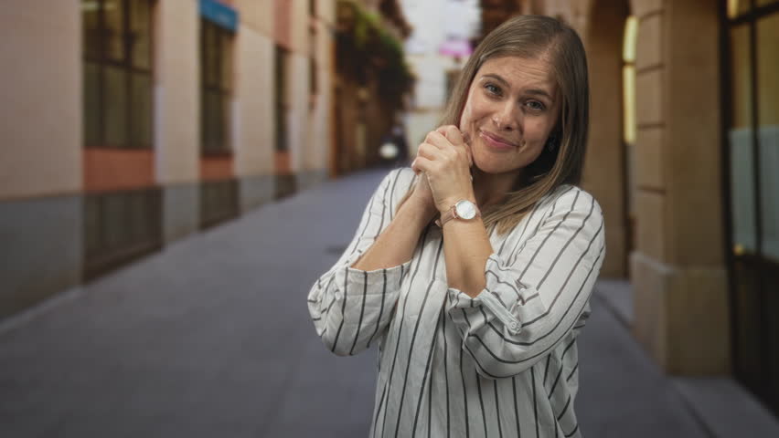 Young blonde woman in striped shirt clasping hands and closing eyes in sunlit historic street; joy.